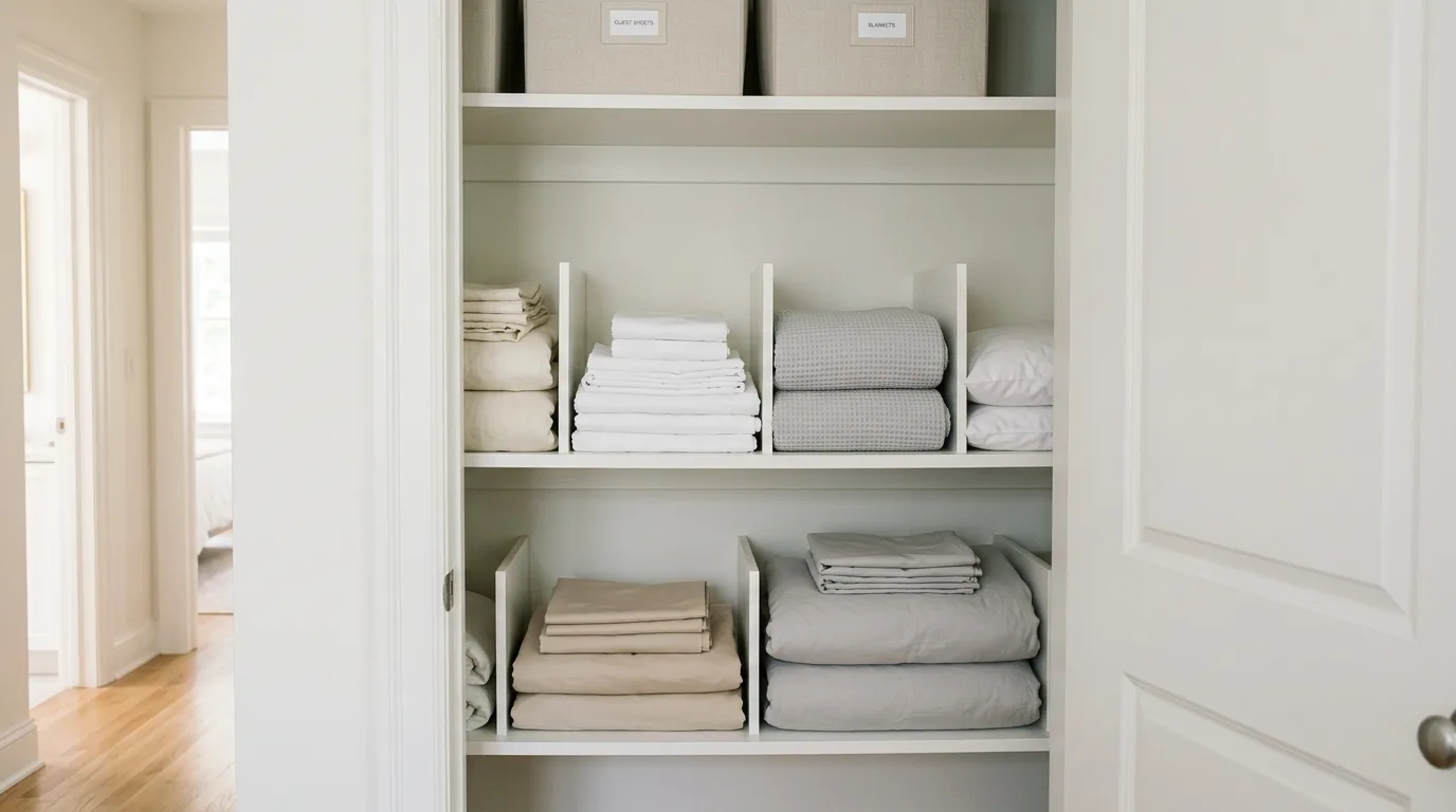 Store seasonal items higher up and out of the way inspiration for a linen closet.
